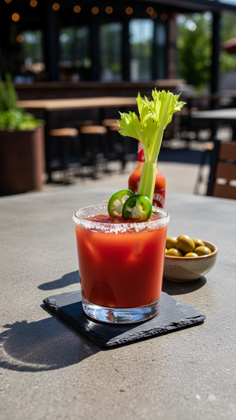 Fiery Red Caddie'S Kick Cocktail In Salt-Rimmed Glass With Celery And Jalapeño Garnish On Outdoor Patio