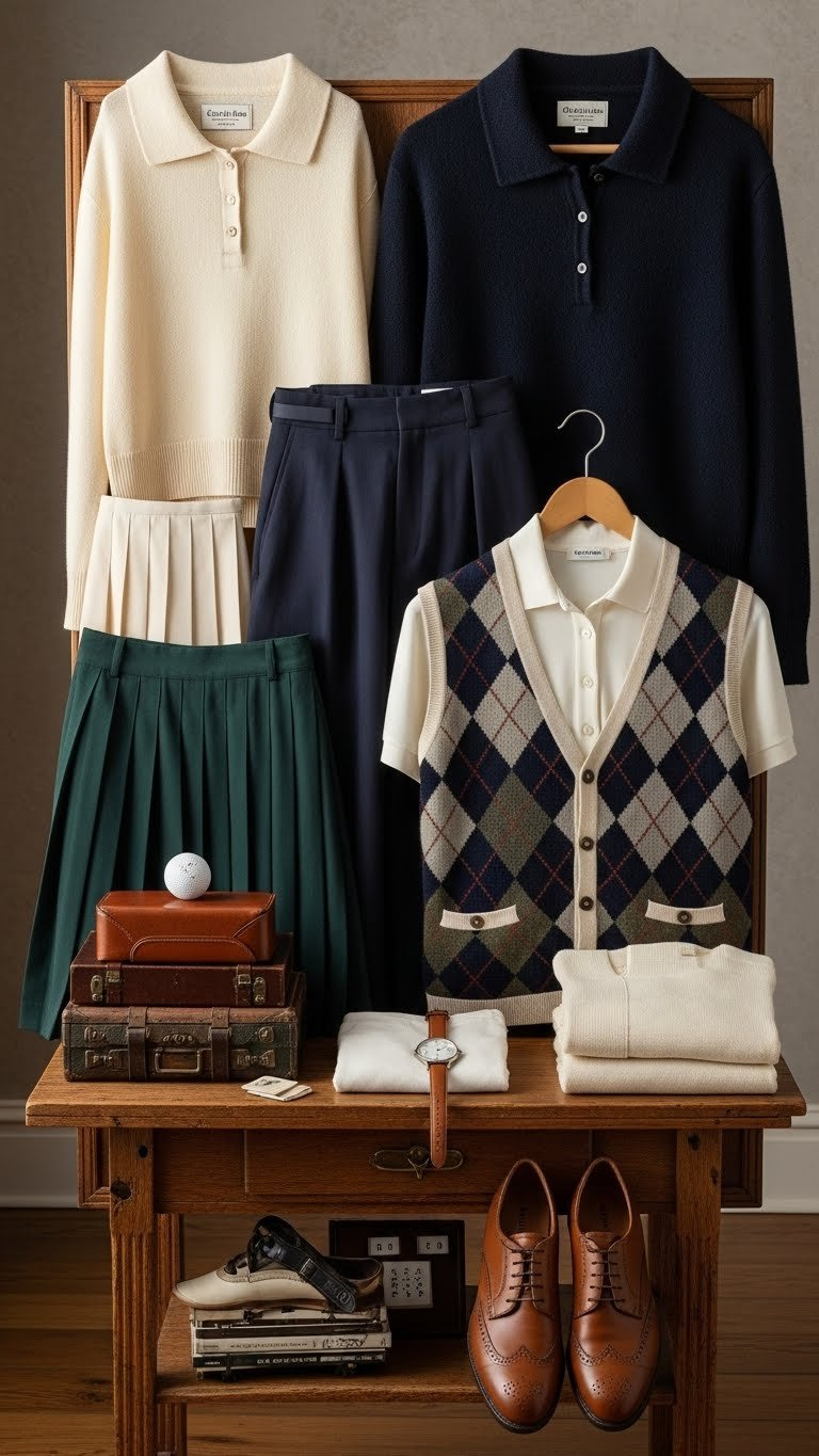 Flat Lay Of Curated Vintage Golf Capsule Wardrobe With Pleated Skirt, Trousers, Argyle Vest And Leather Shoes On Rustic Table