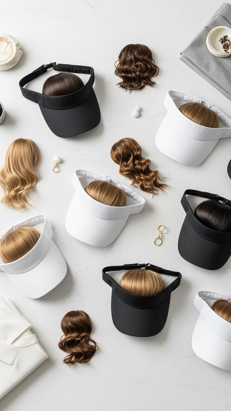 Flat Lay Of Diverse Women'S Golf Visors Displayed With Various Hair Textures On Neutral Background