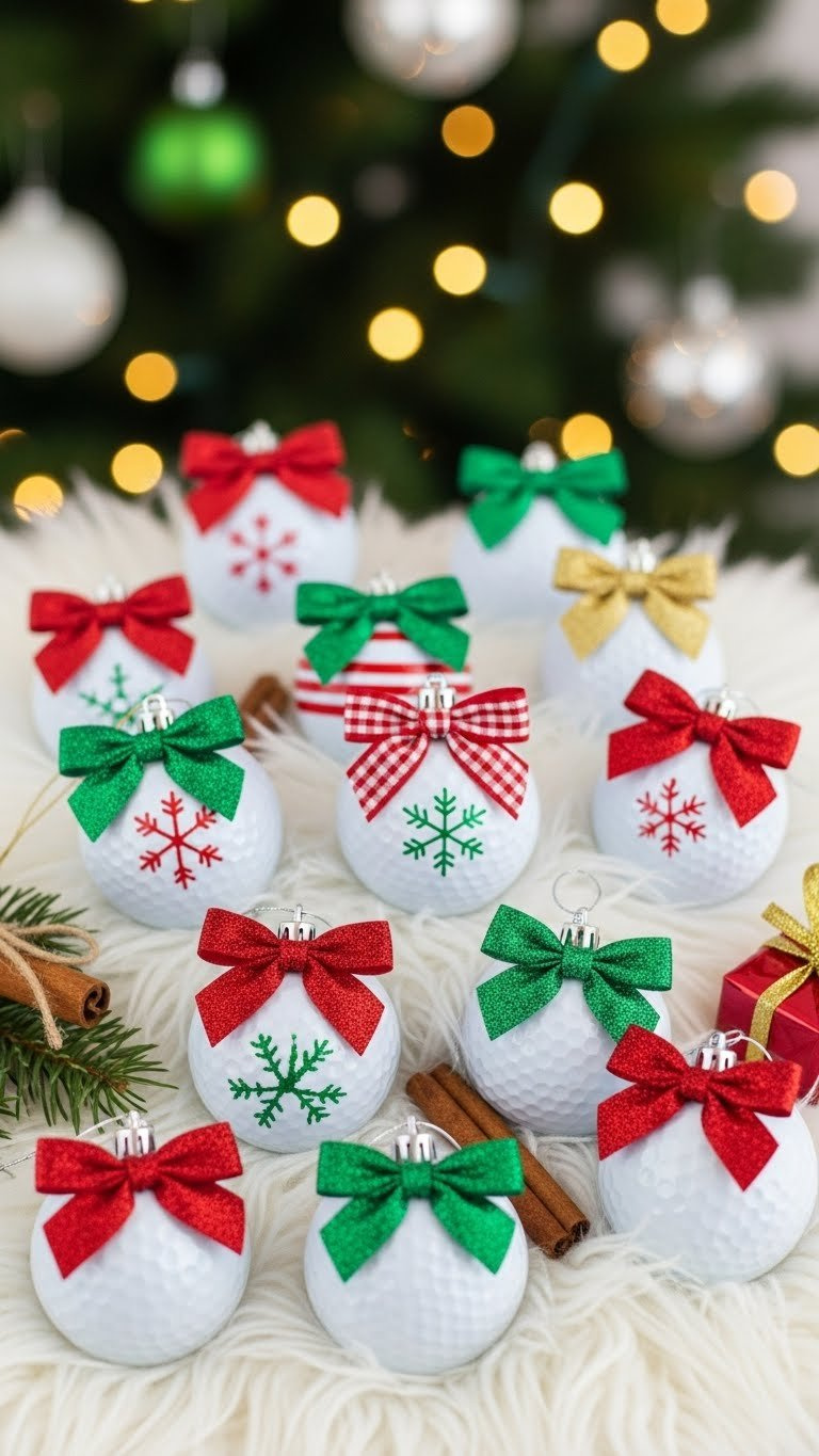 Flat Lay Of Festive Holiday Bows On Golf Ball Christmas Ornaments With Red, Green, And Gold Ribbons