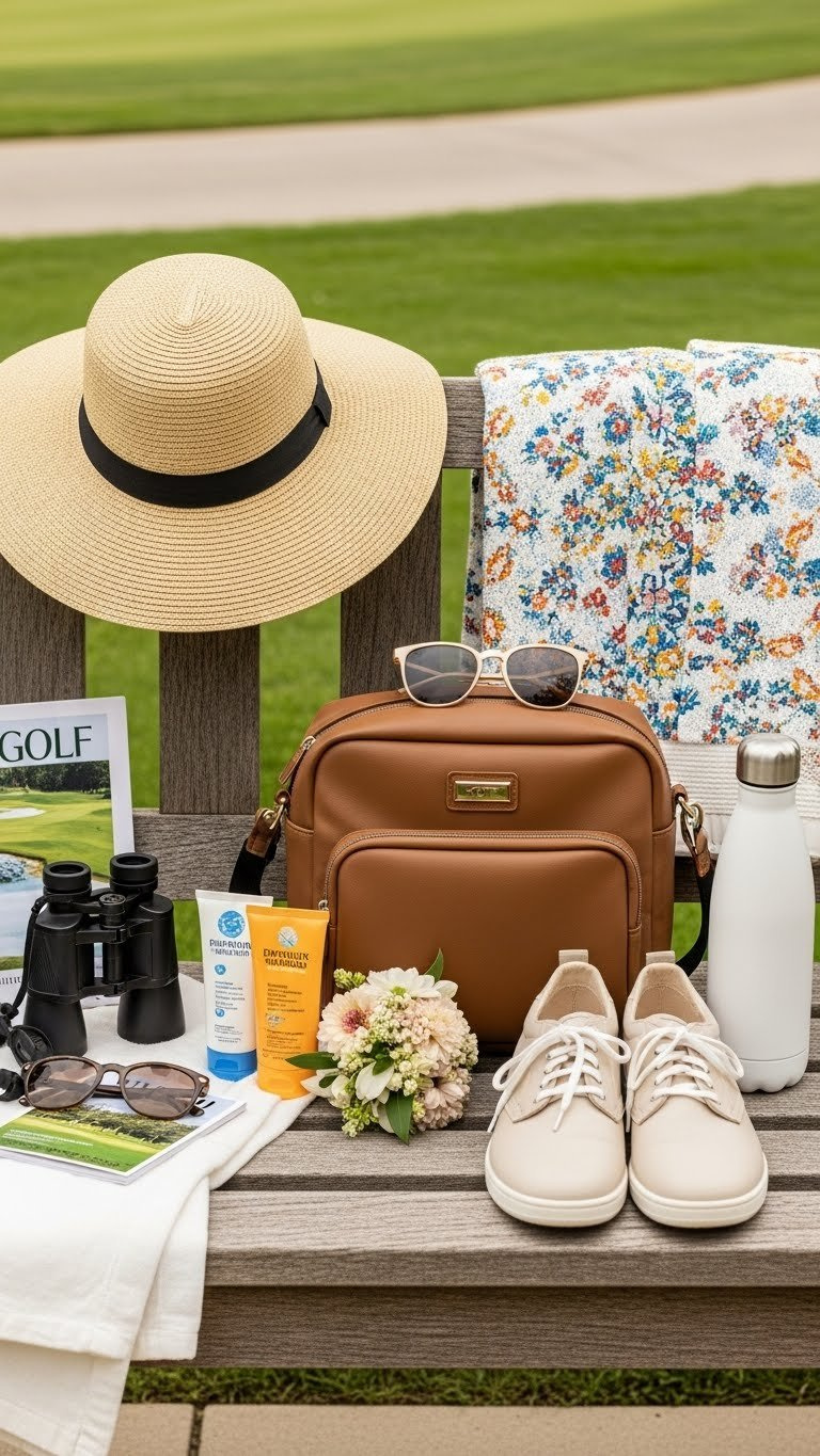Flat Lay Of Golf Spectator Accessories Including Sun Hat, Sunglasses, Sunscreen, And Crossbody Bag On Wooden Bench