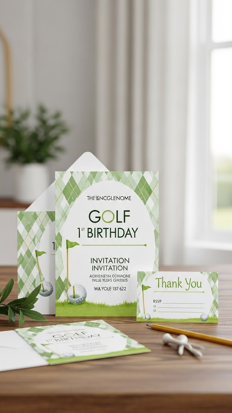 Flat Lay Of Golf-Themed First Birthday Invitation Suite With Argyle Pattern In Greens And Whites On Rustic Wooden Table