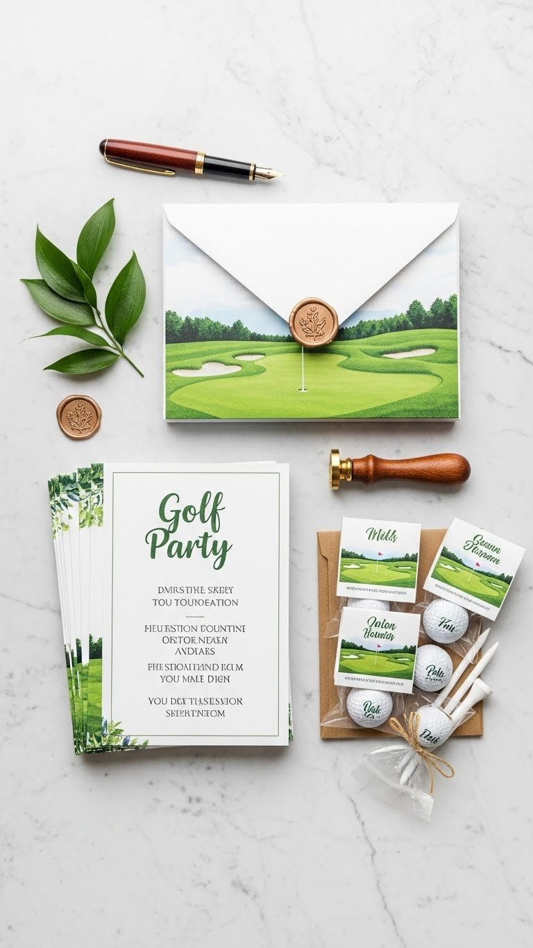 Golf Party Hole In One: 7 Must-Have Celebration Ideas Flat Lay Of Golf-Themed Party Invitations And Elegantly Packaged Favors On Marble Countertop With Decorative Elements