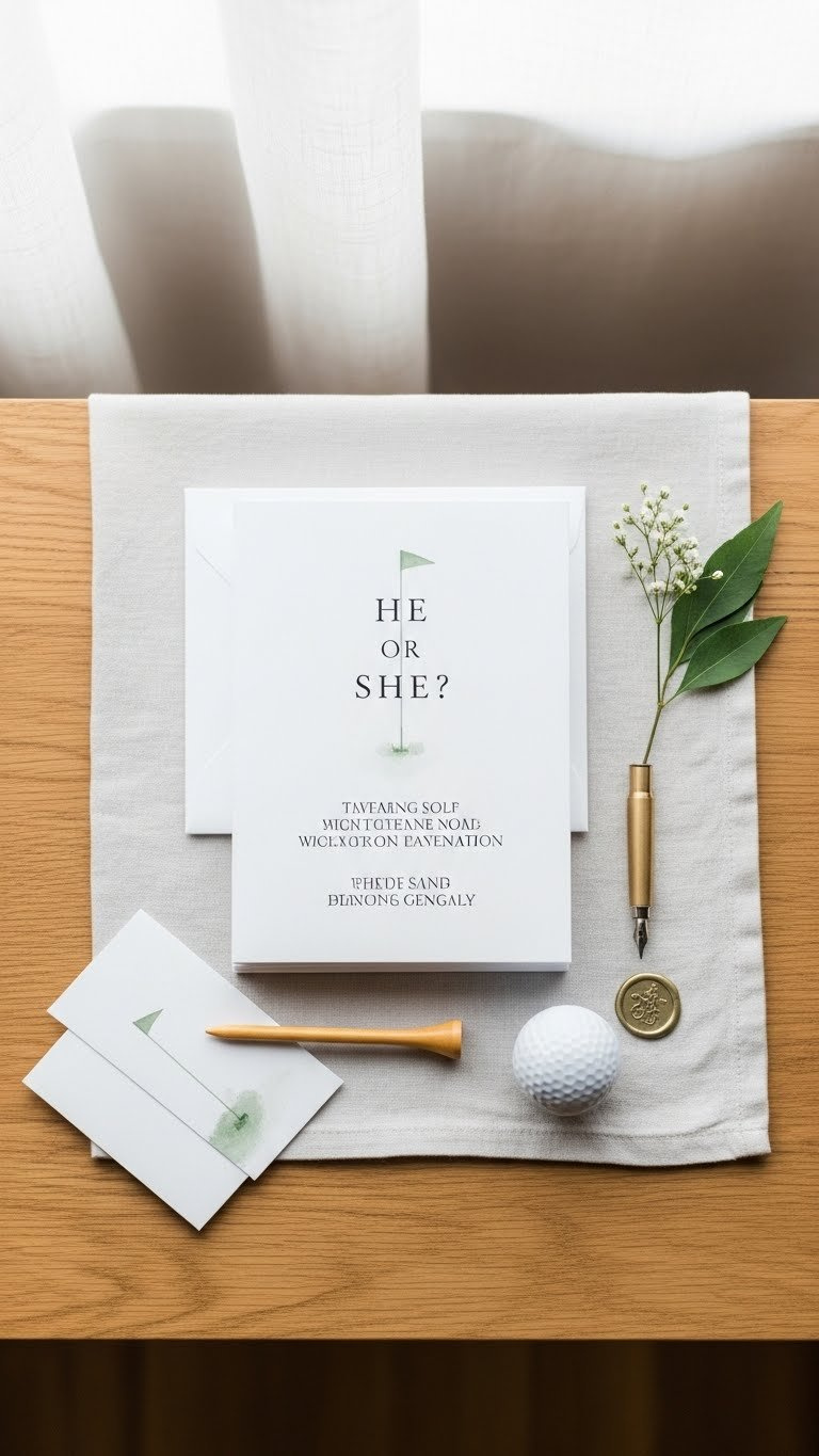 Flat Lay Of Minimalist Golf Gender Reveal Invitations With Golf Tee And Ball On Light Oak Wooden Table Surface.