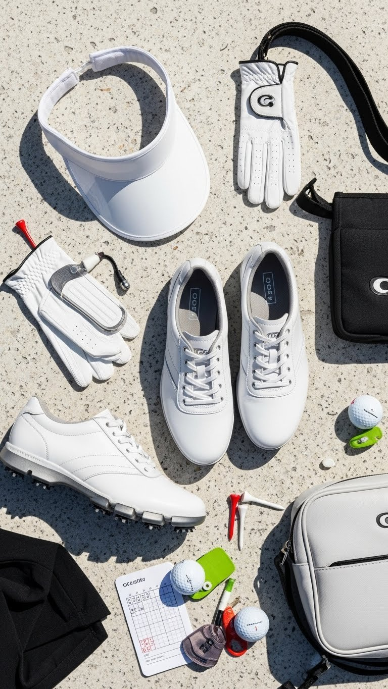 Flat Lay Of Spikeless Women'S Golf Shoes With Coordinating Visor And Glove Accessories
