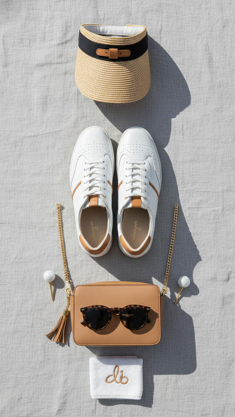 Flat Lay Of White Golf Sneakers, Straw Visor, Sunglasses, And Leather Bag On Gray Linen