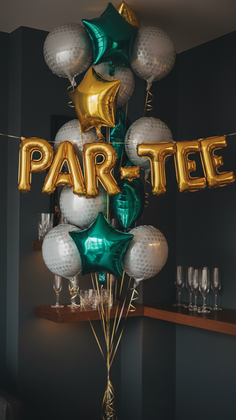 Floating Foil Balloon Display With Par-Tee Gold Letter Balloons And Metallic Golf Ball Balloons In Dark Moody Party Room Setting.