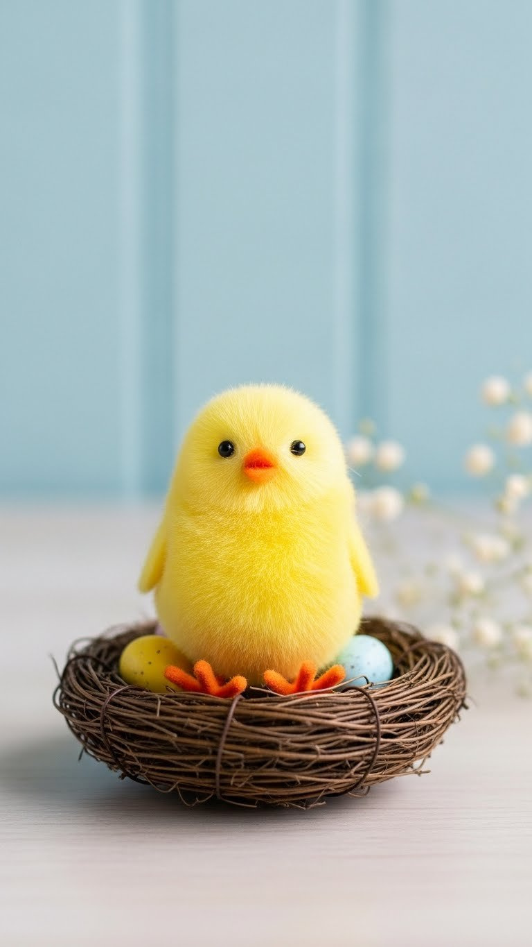 Fluffy Yellow Golf Ball Chick With Orange Felt Feet And Beak Sitting In Miniature Nest With Pastel Eggs