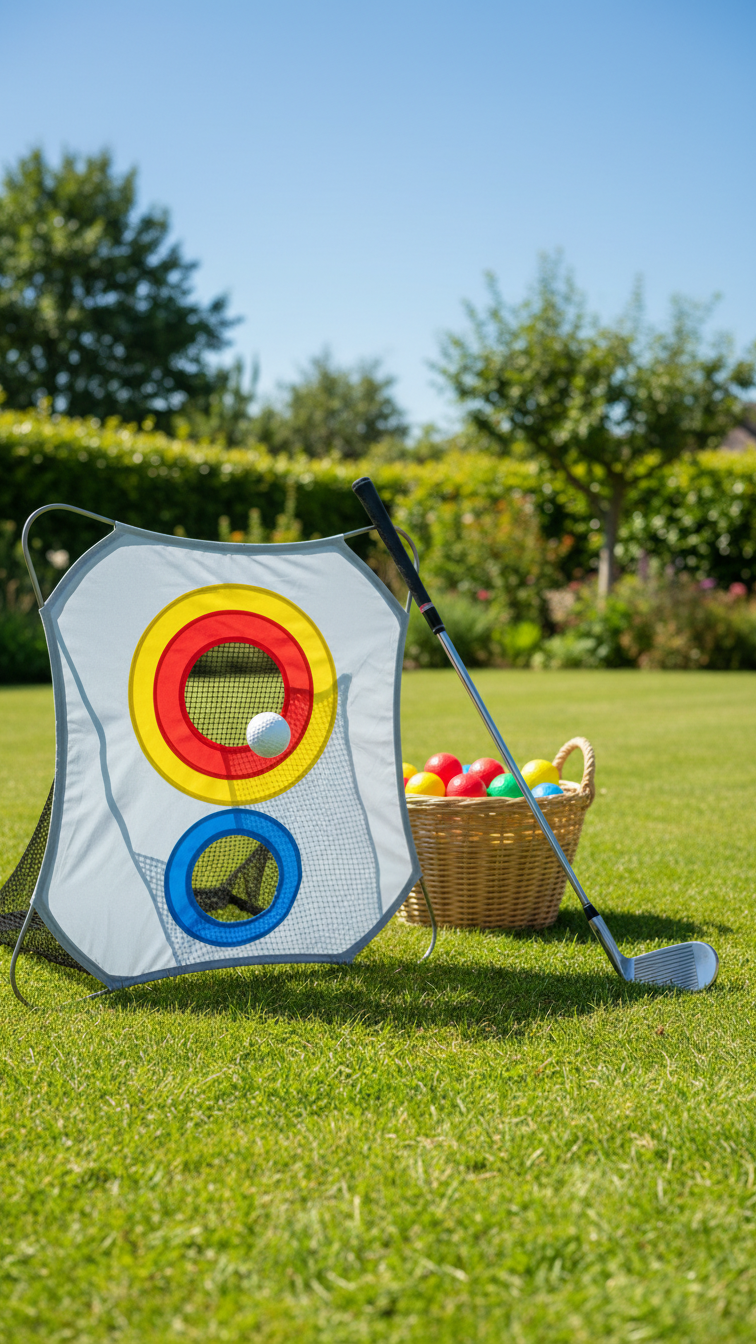 Foam Golf Ball In Mid-Air Approaching Colorful Chipping Net Target Zones In Sunny Backyard Golf Practice Setup