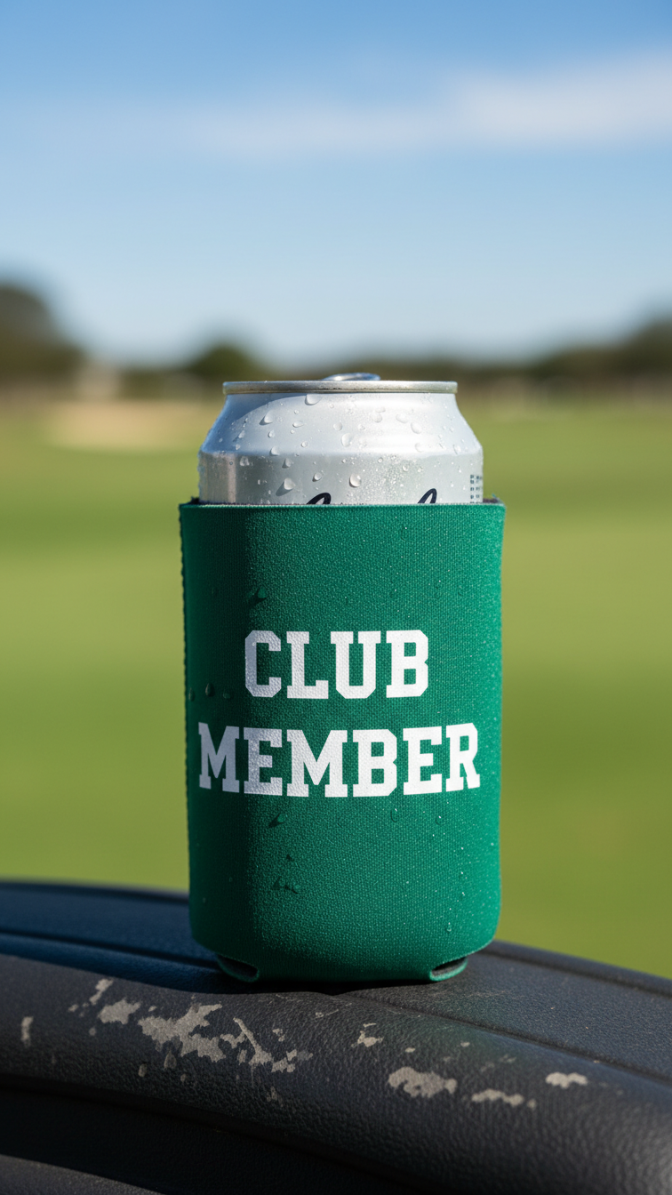 Forest Green Neoprene Can Cooler With Club Member Text Holding Sweating Beverage On Golf Cart