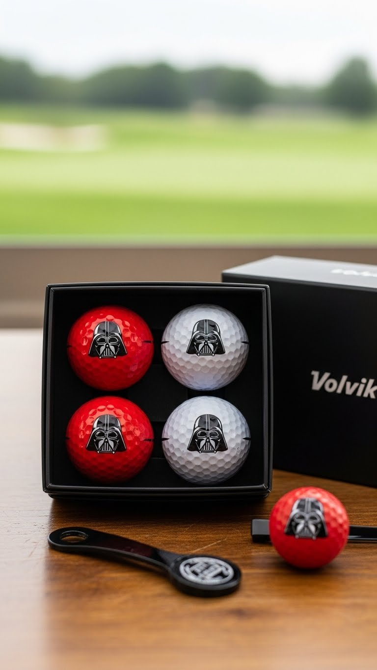 Four Matte Red Volvik Golf Balls With Darth Vader Helmet Graphics Arranged In Premium Gift Box On Rustic Wooden Table With Golf Course Backdrop