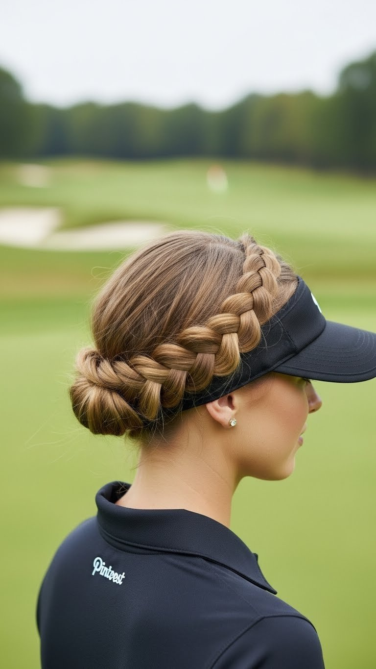 Front-Side Close-Up Of A Woman'S Elegant Twisted Crown Braid, A Polished Golf Hairstyle, Against A Lush Green Golf Course.