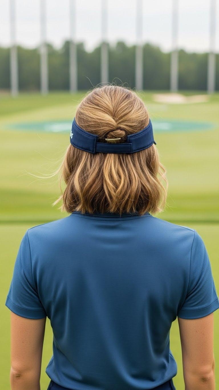 Front-Side View Of A Woman'S Neat Half-Up Golf Hairstyle, Secured With A Clip, Suitable For A Visor On A Golf Driving Range.