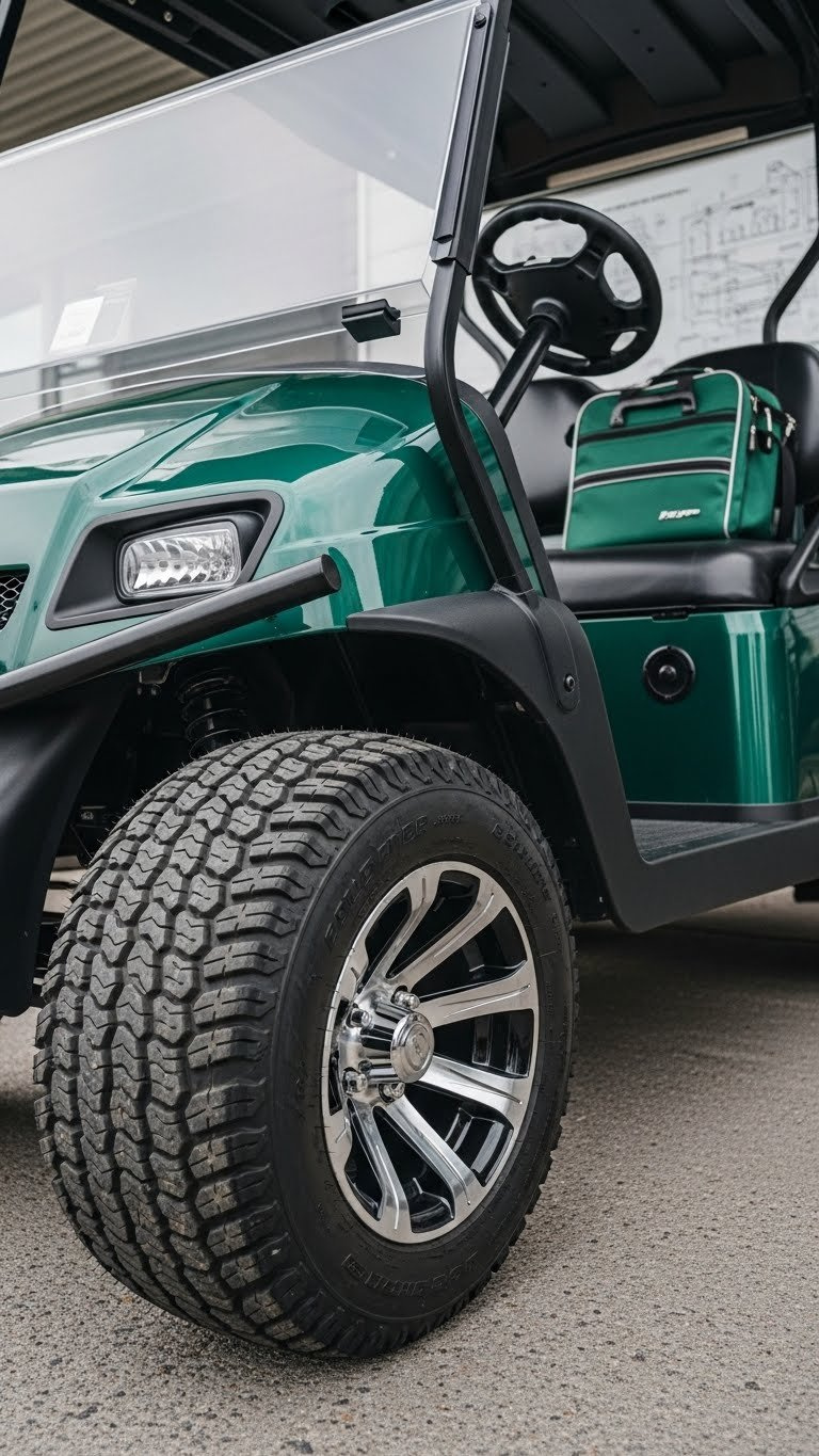 Front-Side View Of Sturdy E-Z-Go Utility Golf Cart With Heavy-Duty Tires And Open Cargo Bed On Paved Surface For Modifications