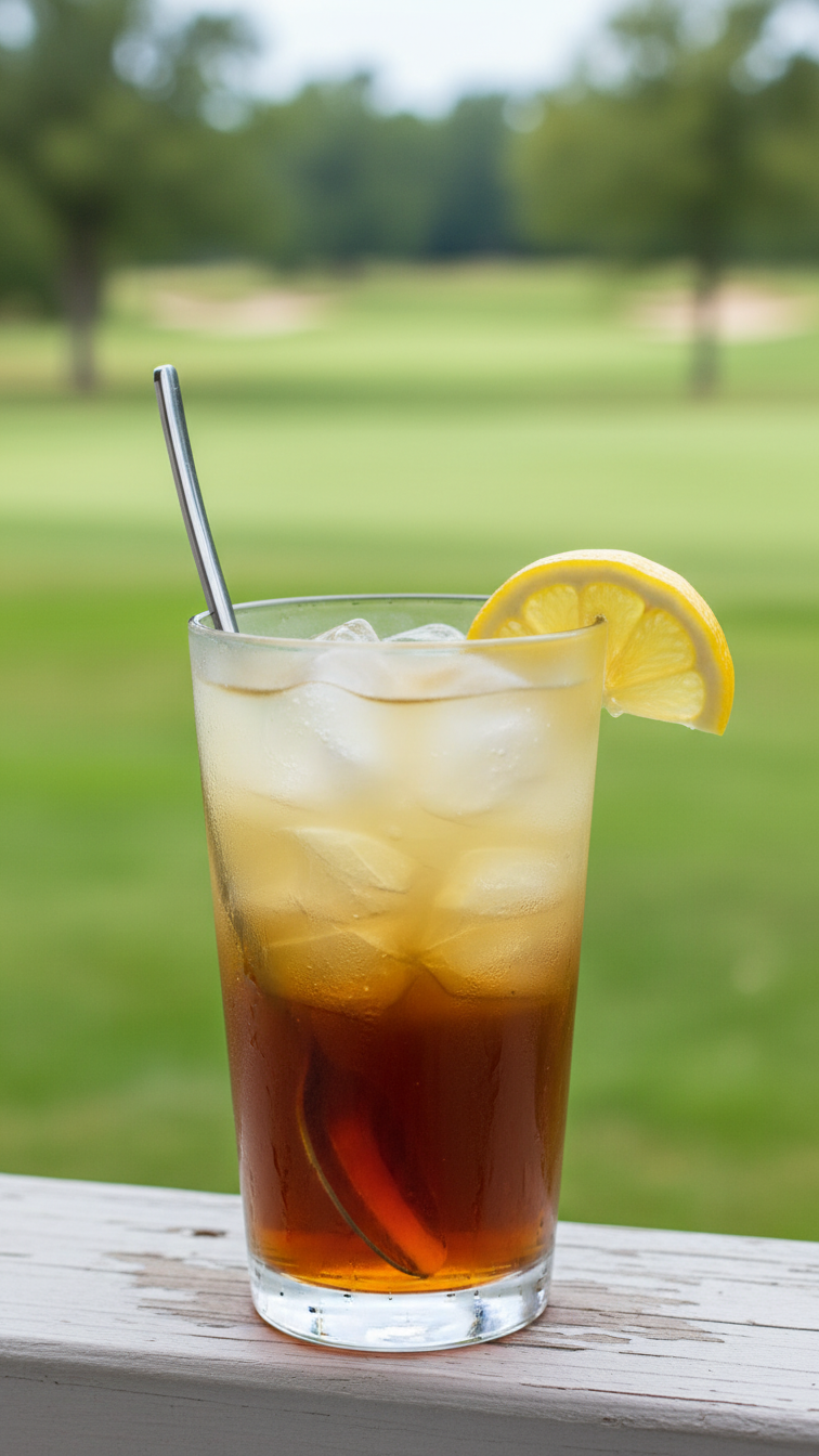 Frosty Arnold Palmer Drink With Layered Iced Tea And Lemonade In Glass With Lemon Wedge Garnish