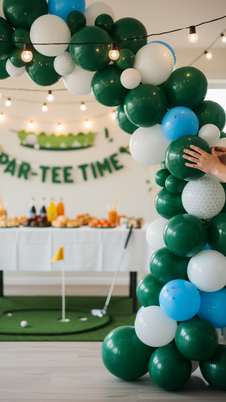 Fully Decorated Golf Party Balloon Arch As Centerpiece With Hands Making Final Adjustments In Festive Setting
