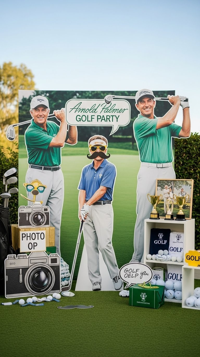 Fun Golf Photo Booth Setup With Props Like Oversized Clubs And Prizes Displayed Against Golf Course Backdrop.