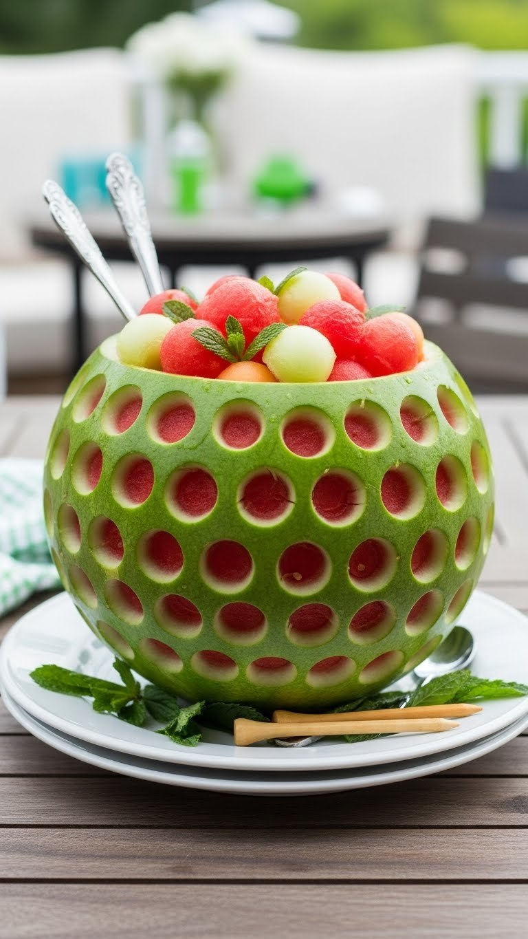 Giant Watermelon Golf Ball Bowl Carved With Dimples Filled With Colorful Fruit Balls