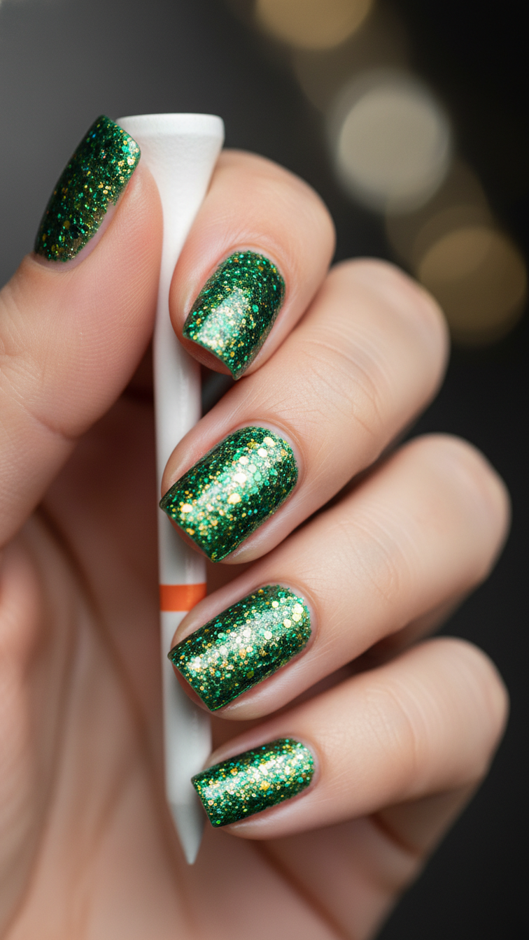 Glamorous Close-Up Of Green Glitter Manicure With Sparkling Multi-Dimensional Polish Holding Golf Tee Against Dark Background