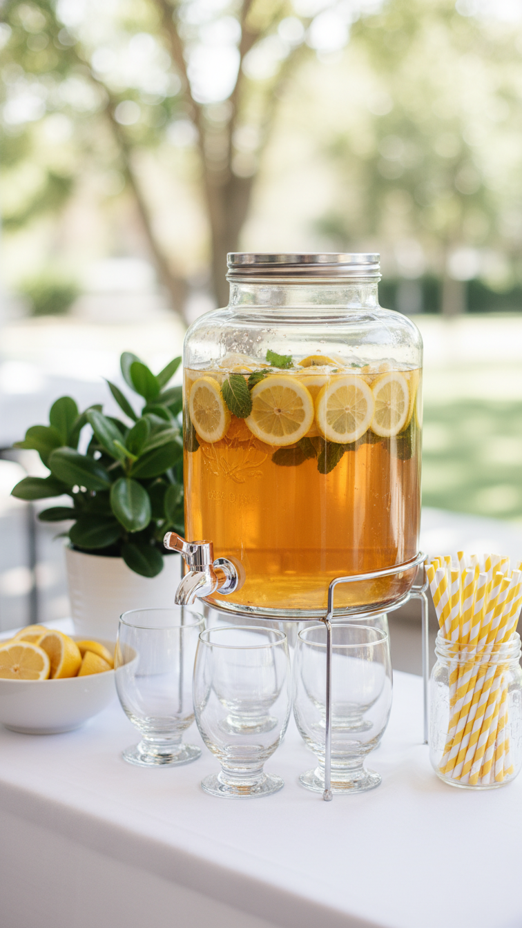 Glass Beverage Dispenser Filled With Arnold Palmer Iced Tea And Lemonade With Lemon Slices And Mint