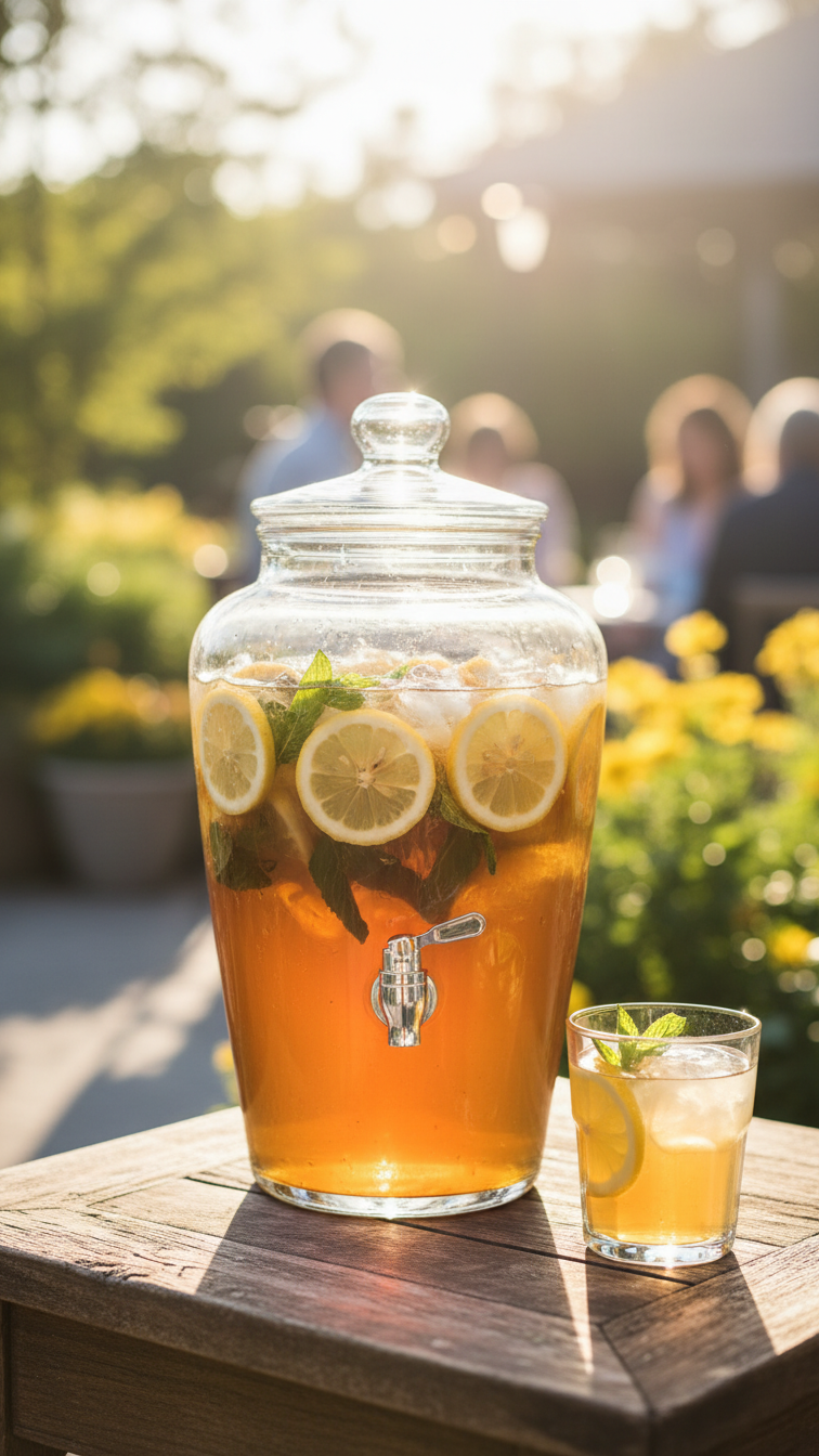 Glass Beverage Dispenser Filled With Arnold Palmer Punch Containing Lemon Slices And Mint Sprigs On Rustic Wooden Table.