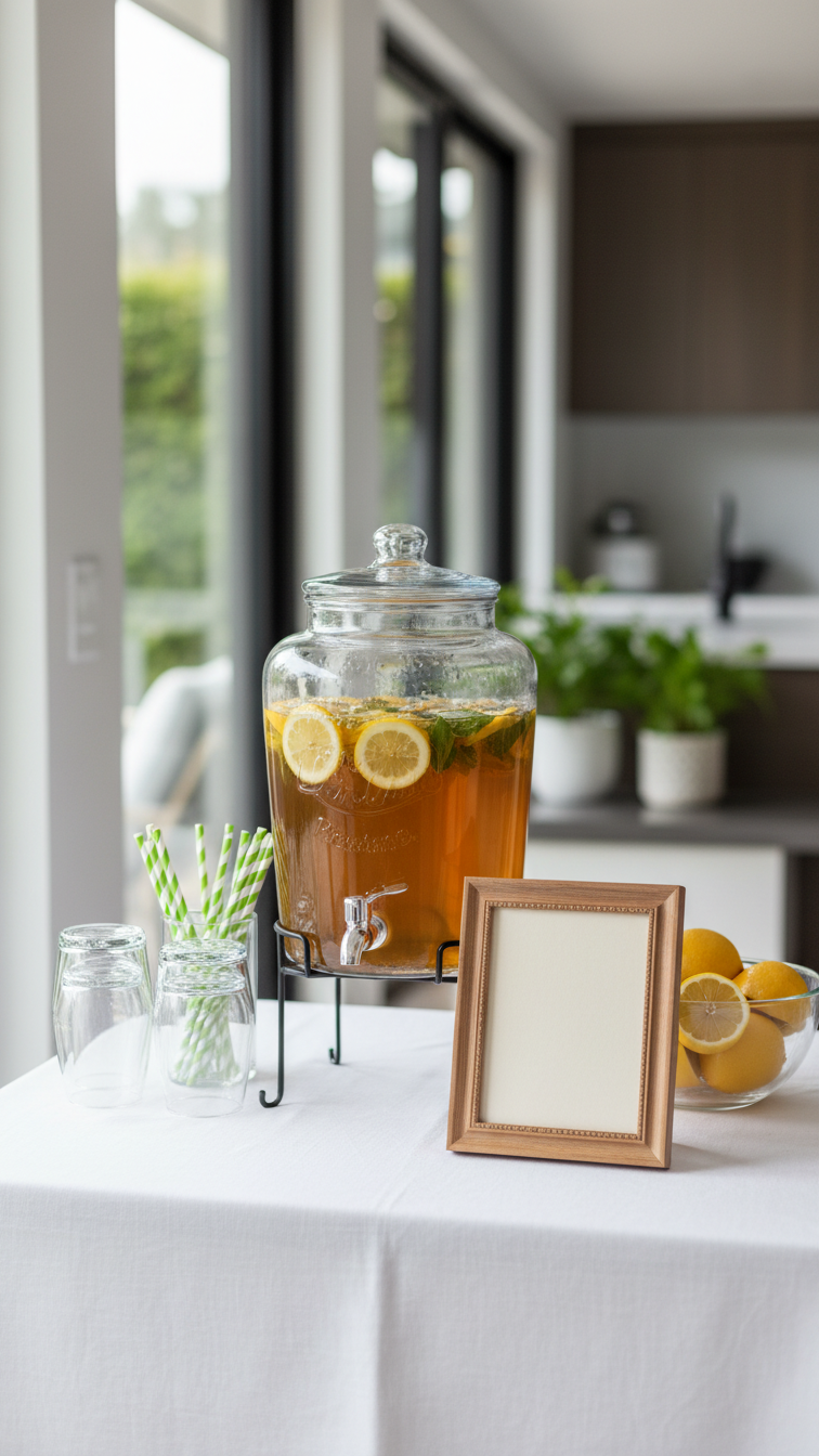 Glass Beverage Dispenser With Arnold Palmer Drink Next To Blank Framed Sign On White Linen Tablecloth With Lemon Slices.