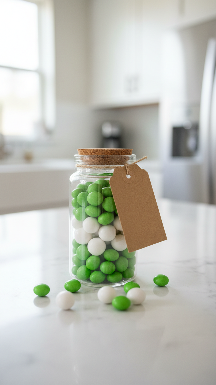 Glass Candy Jar Filled With Green Sixlets And White Gumballs With Kraft Paper Tag
