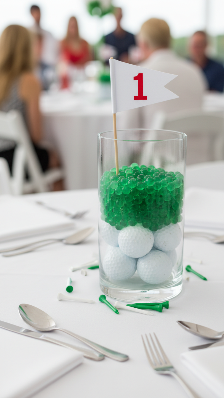 Glass Cylinder Vase Centerpiece Filled With White Golf Balls And Green Water Beads Topped With Golf Flag