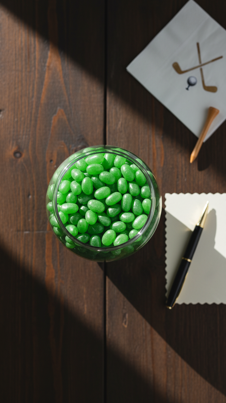 Glass Jar Filled With Green Jelly Beans And Blank Card For Golf-Themed Guessing Game Party Detail