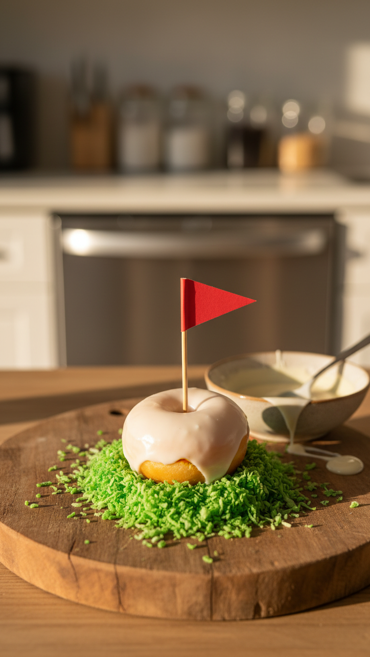 Glazed Donut Hole With Red Flag Stick On Green Coconut Grass Golf-Themed Dessert Treat