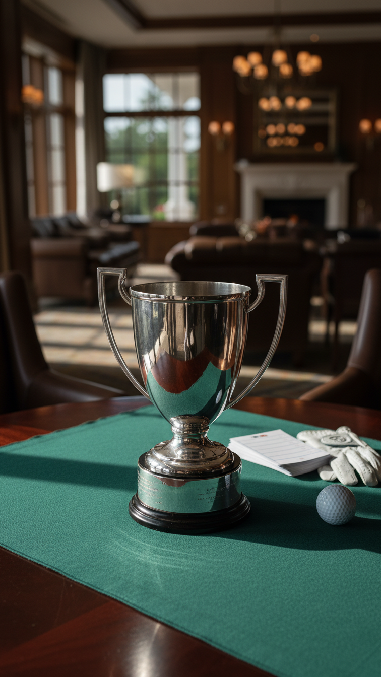 Gleaming Silver Golf Trophy On Green Felt Tablecloth With Scorecards And Golf Glove