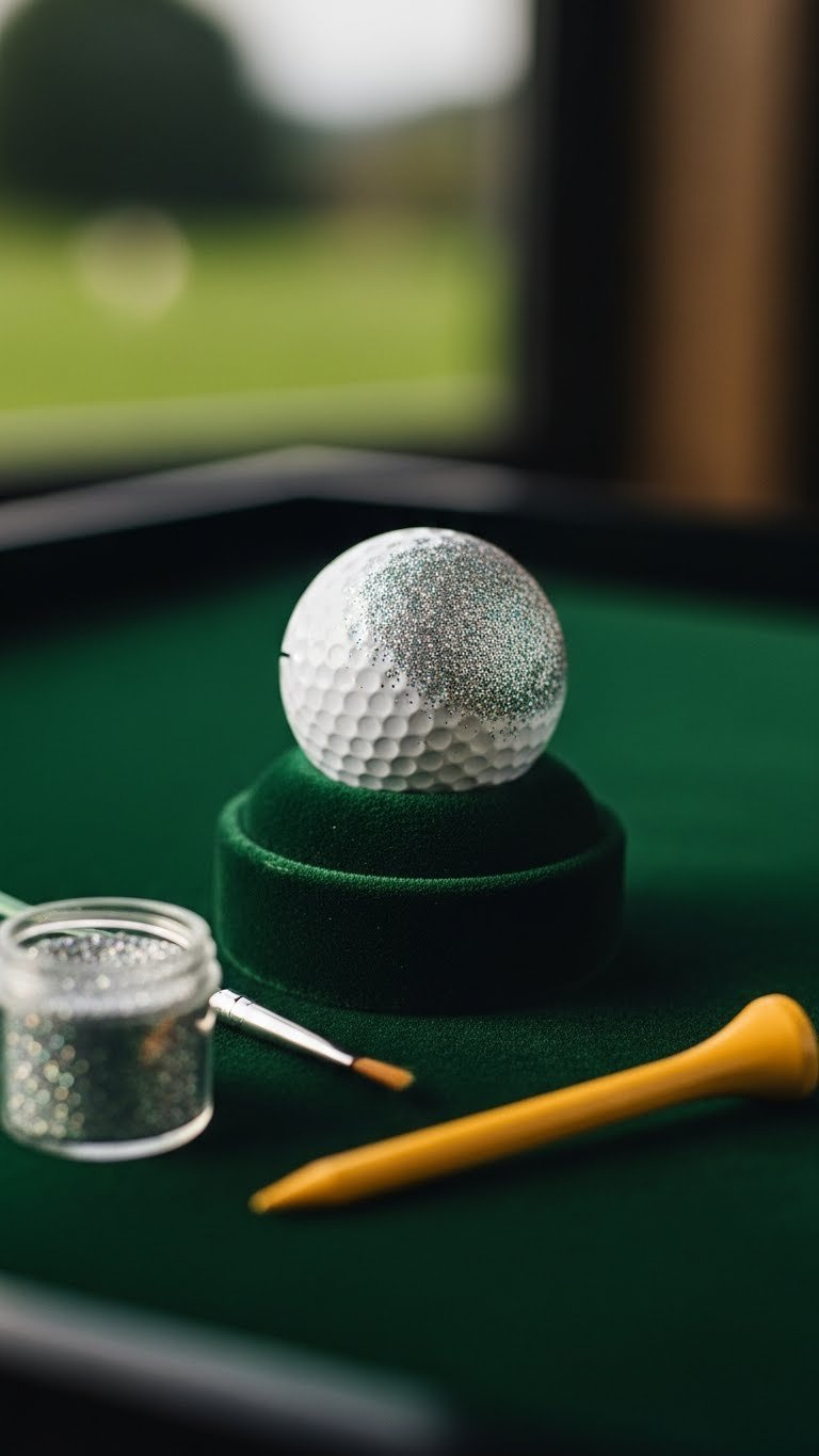 Gleaming White Golf Ball Covered In Iridescent Glitter Resting On Plush Dark Green Velvet Cushion.