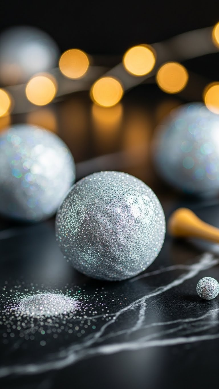 Glitter-Coated Golf Ball Sparkling Under Dramatic Lighting On Black Marble Surface With Festive Bokeh Background