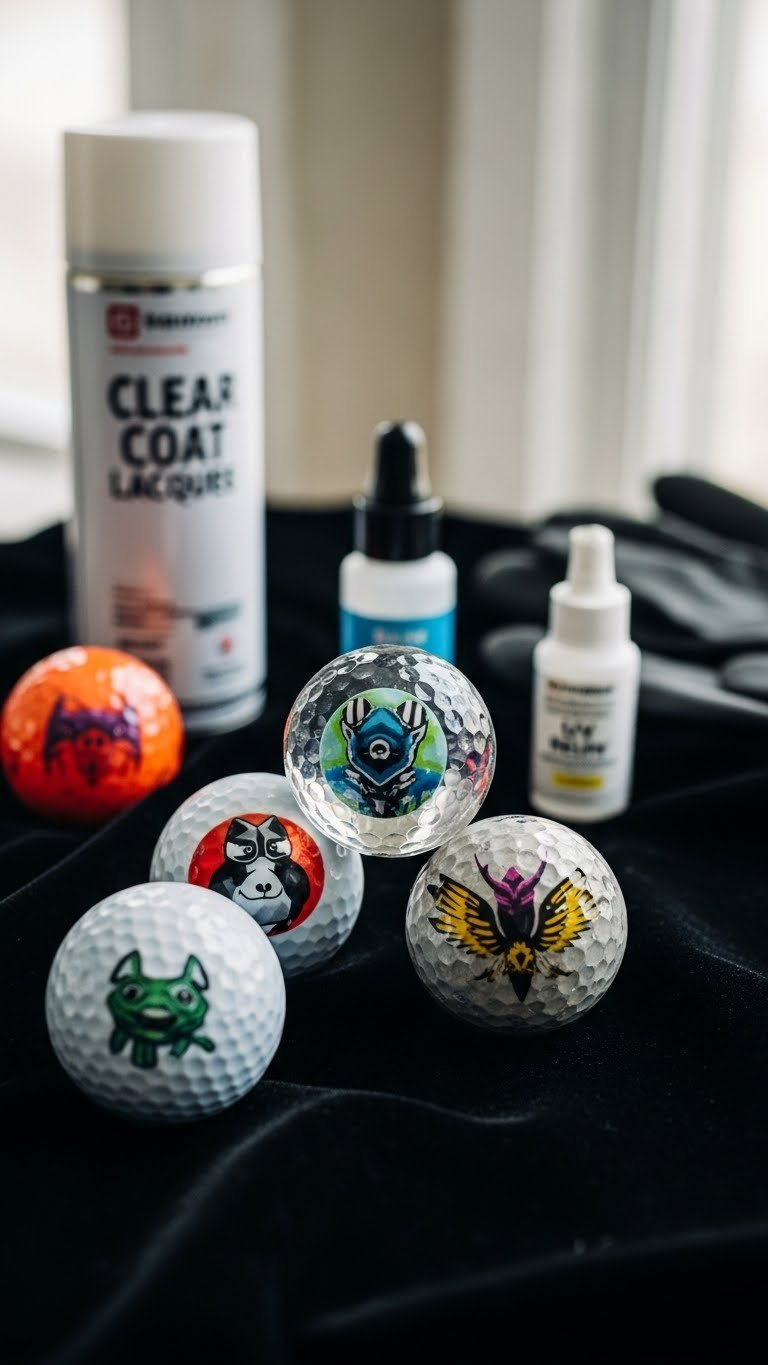 Glossy Sealed Decorated Golf Balls With Protective Finish Reflecting Light On Black Velvet Cloth With Sealing Supplies.