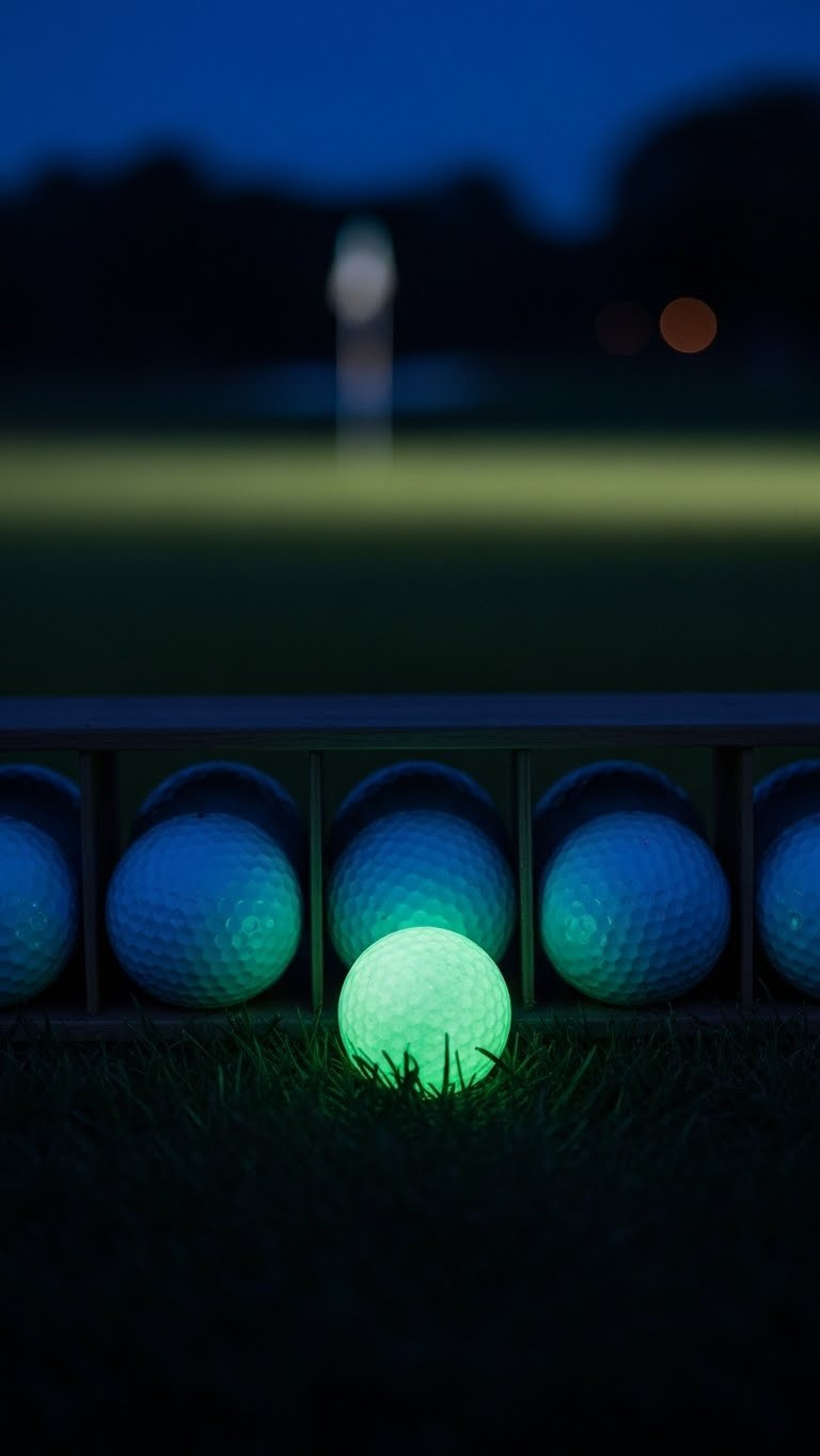 Glow-In-The-Dark Golf Ball Emitting Soft Green Luminescence In Dark Golf Course Setting With Subtle Distant Flagstick Background