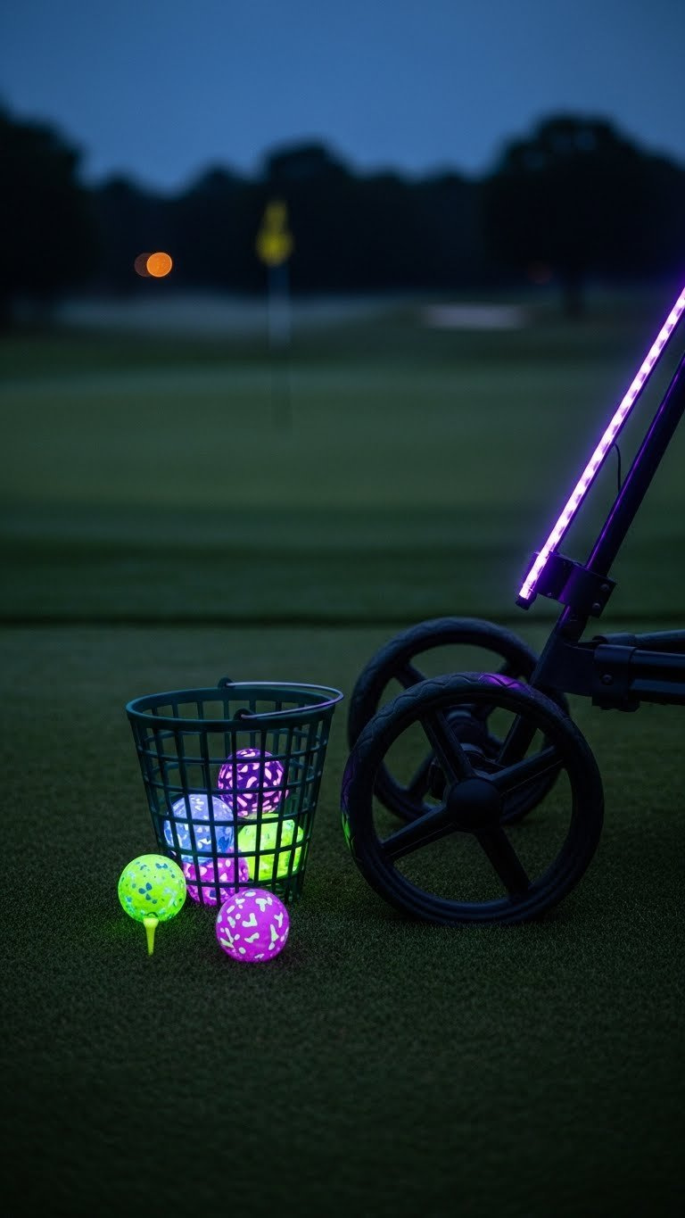 Glow-In-The-Dark Golf Balls And Led-Lit Golf Cart Glowing Against Dusk Golf Course With Soft Bokeh Background