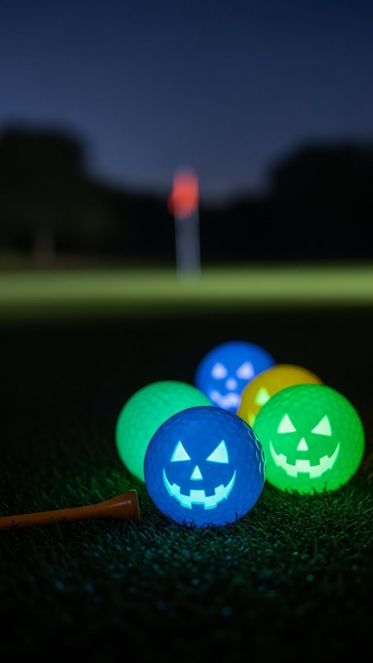 Glow-In-The-Dark Golf Balls Emitting Eerie Green Light On Dark Artificial Grass With Night Golf Course Background.