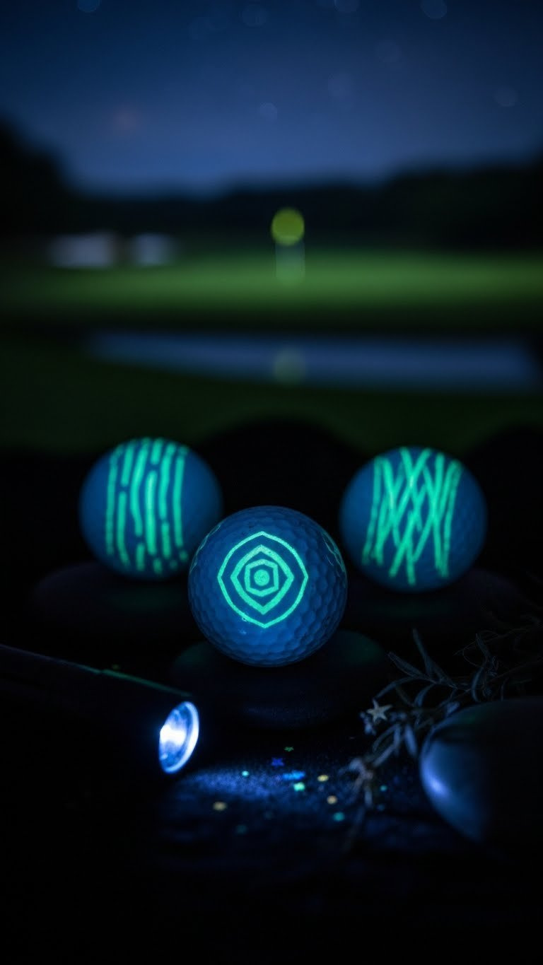 Glow-In-The-Dark Golf Balls With Geometric Patterns Glowing Against Dark Velvety Fabric Background.