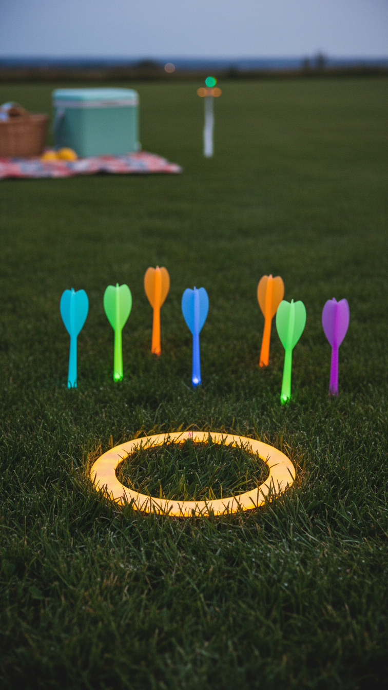 Glow-In-The-Dark Lawn Darts Sticking In Grass Around Target Ring During Golden Hour Backyard Game