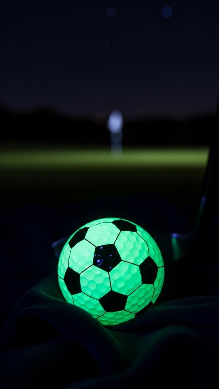 Glowing Green Soccer Pattern Golf Ball On Dark Fabric With Night Golf Course Silhouette