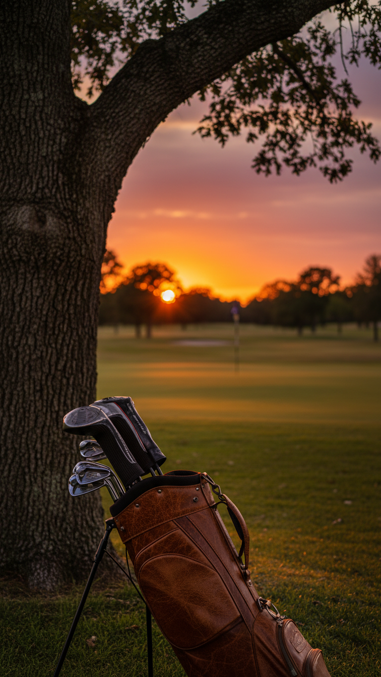 Golf Bag Leaning Against Tree During Sunset Over Peaceful Golf Course Conclusion