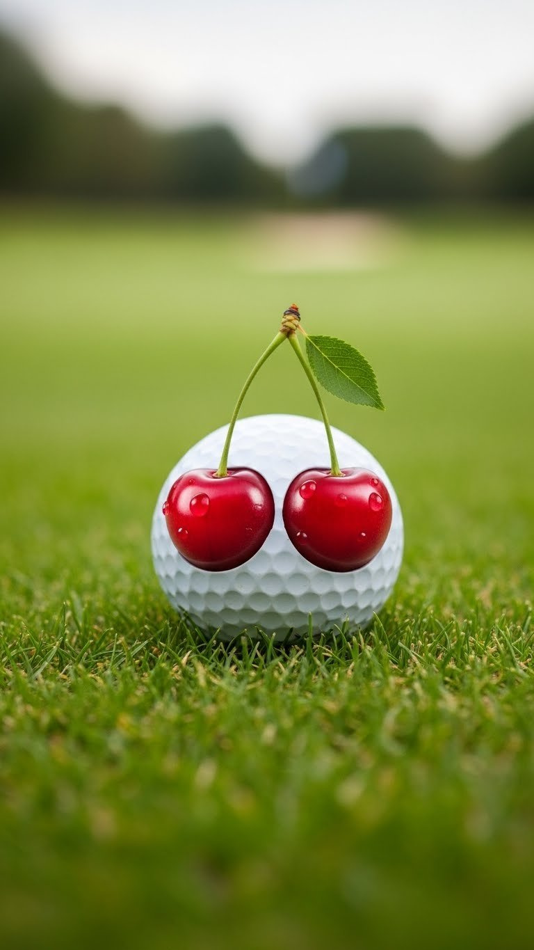 Golf Ball Adorned With Glossy Red Cherries And Green Stems On Manicured Grass With Soft Bokeh Background