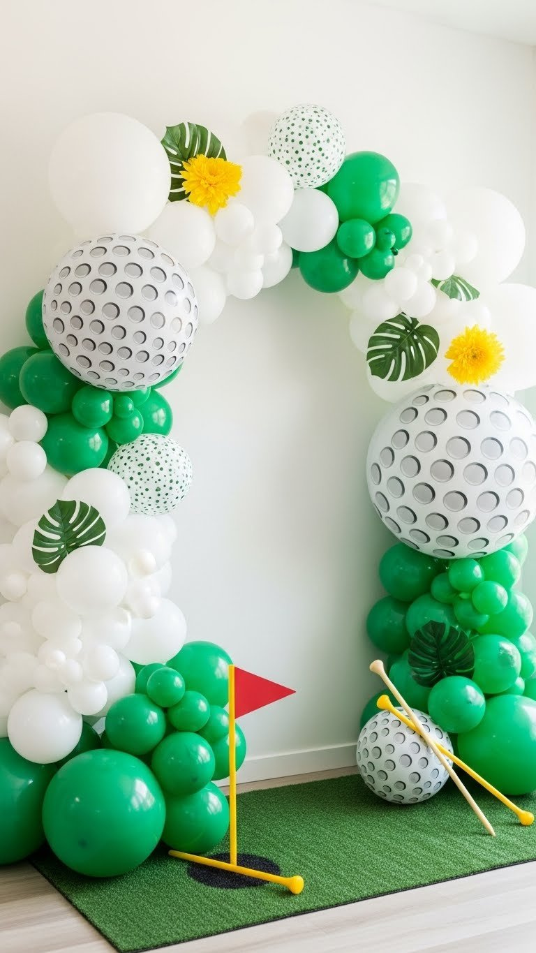 Golf Ball Balloon Arch With White Dimpled-Texture Balloons And Green Accents Creating Festive Party Entrance