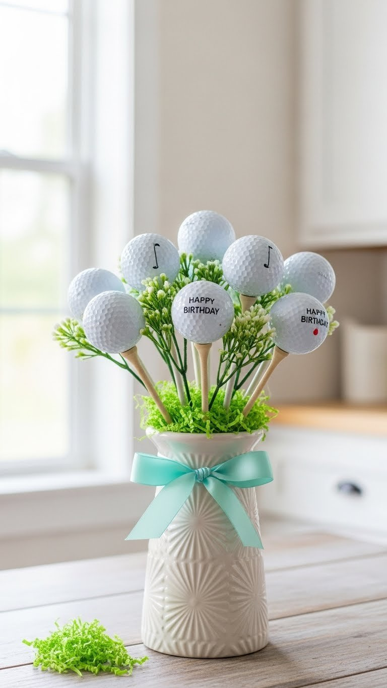 Golf Ball Bouquet Arranged Like Flowers In A Decorative Vase On A Rustic Wooden Table With Soft Bokeh Background.