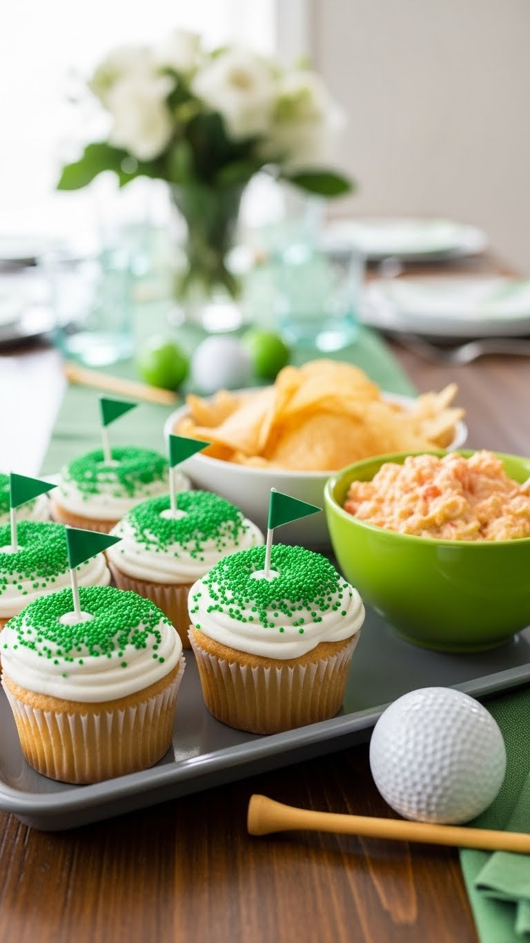Golf Ball Cupcakes With Green Sprinkles And Edible Flags Alongside Pimento Cheese Dip And Toddler Party Snacks