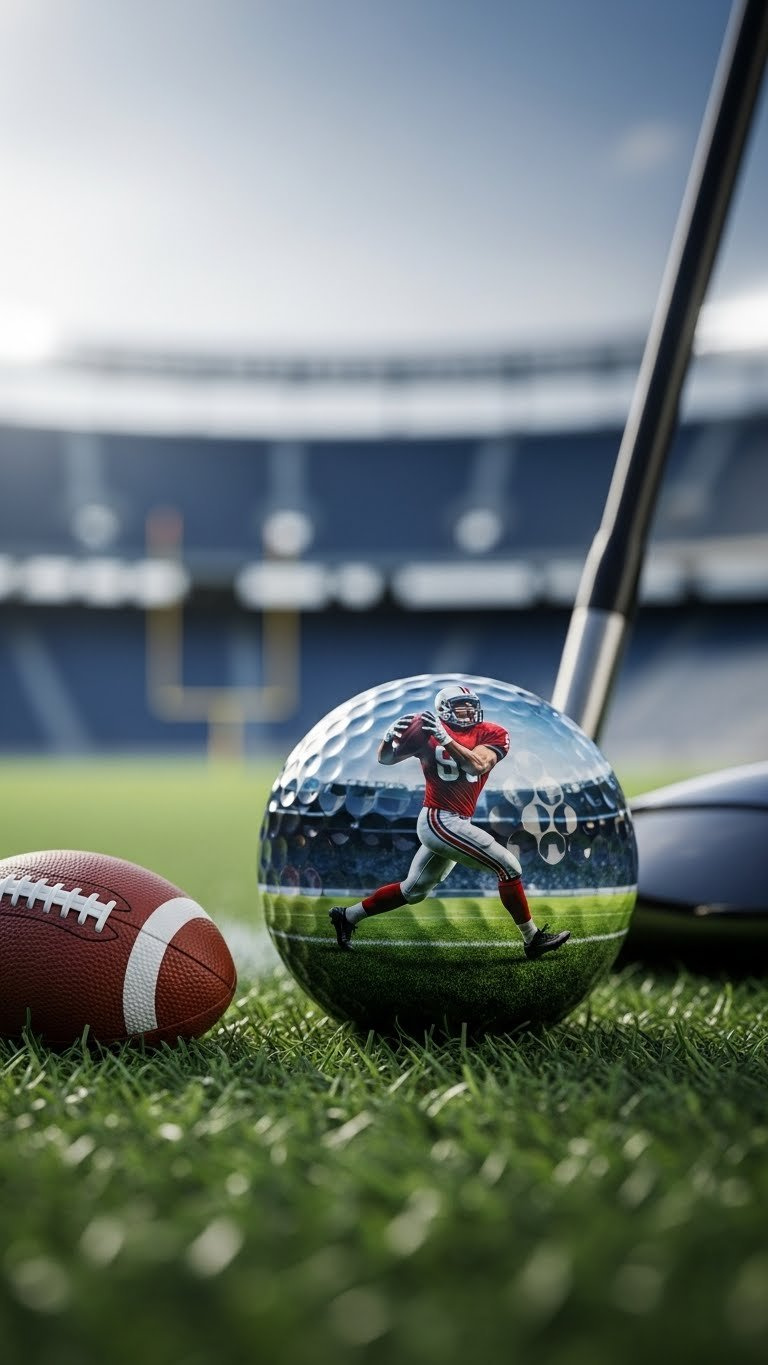 Golf Ball Featuring Dynamic Football Action Scene With Player Mid-Throw Against Blurred Stadium Background