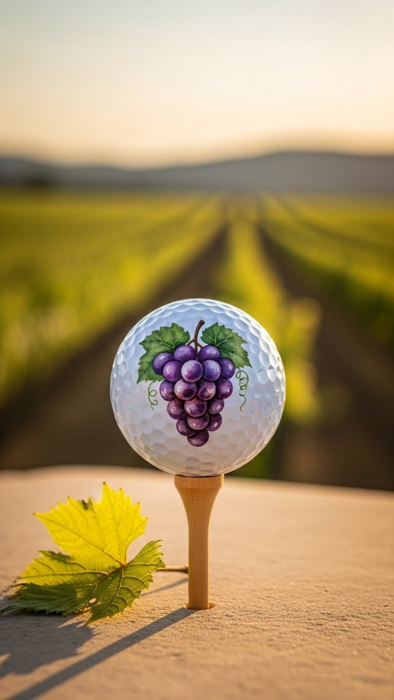 Golf Ball Featuring Soft Watercolor Grape Design In Purple And Green Hues On Wooden Tee