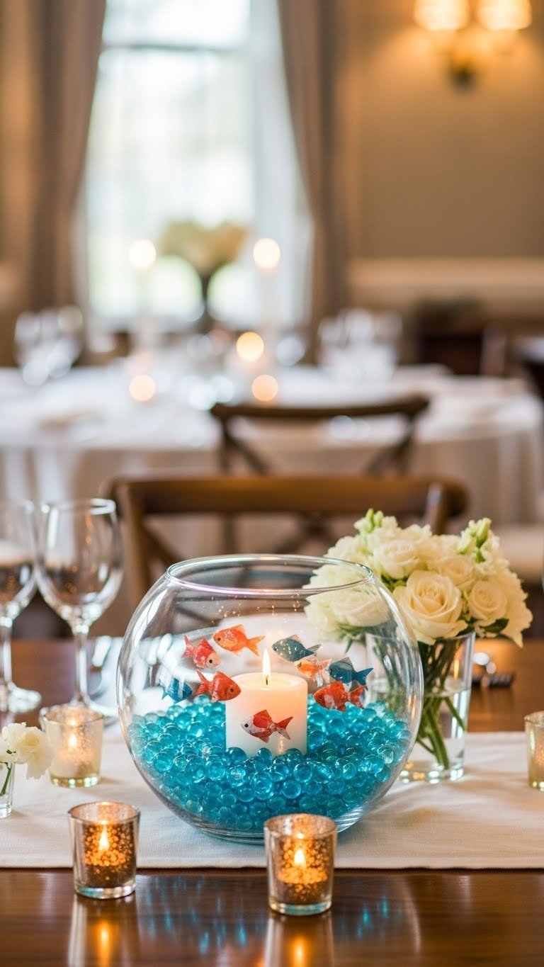 Golf Ball Fish Centerpiece In Glass Bowl With Blue Beads And Floral Accents On Elegant Dining Table