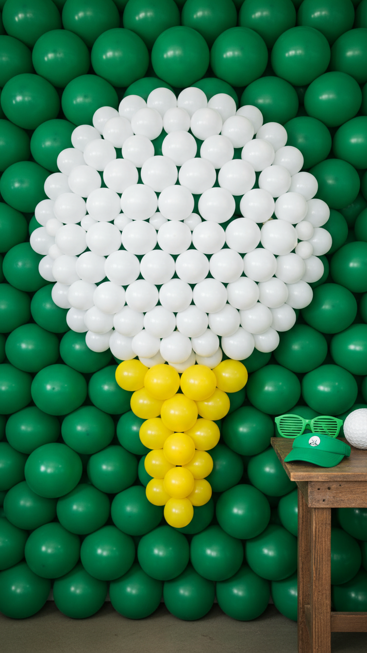 Golf Ball Mosaic Balloon Wall Backdrop Made Of Tightly Packed White And Yellow Balloons Forming Giant Golf Ball On Tee Design.