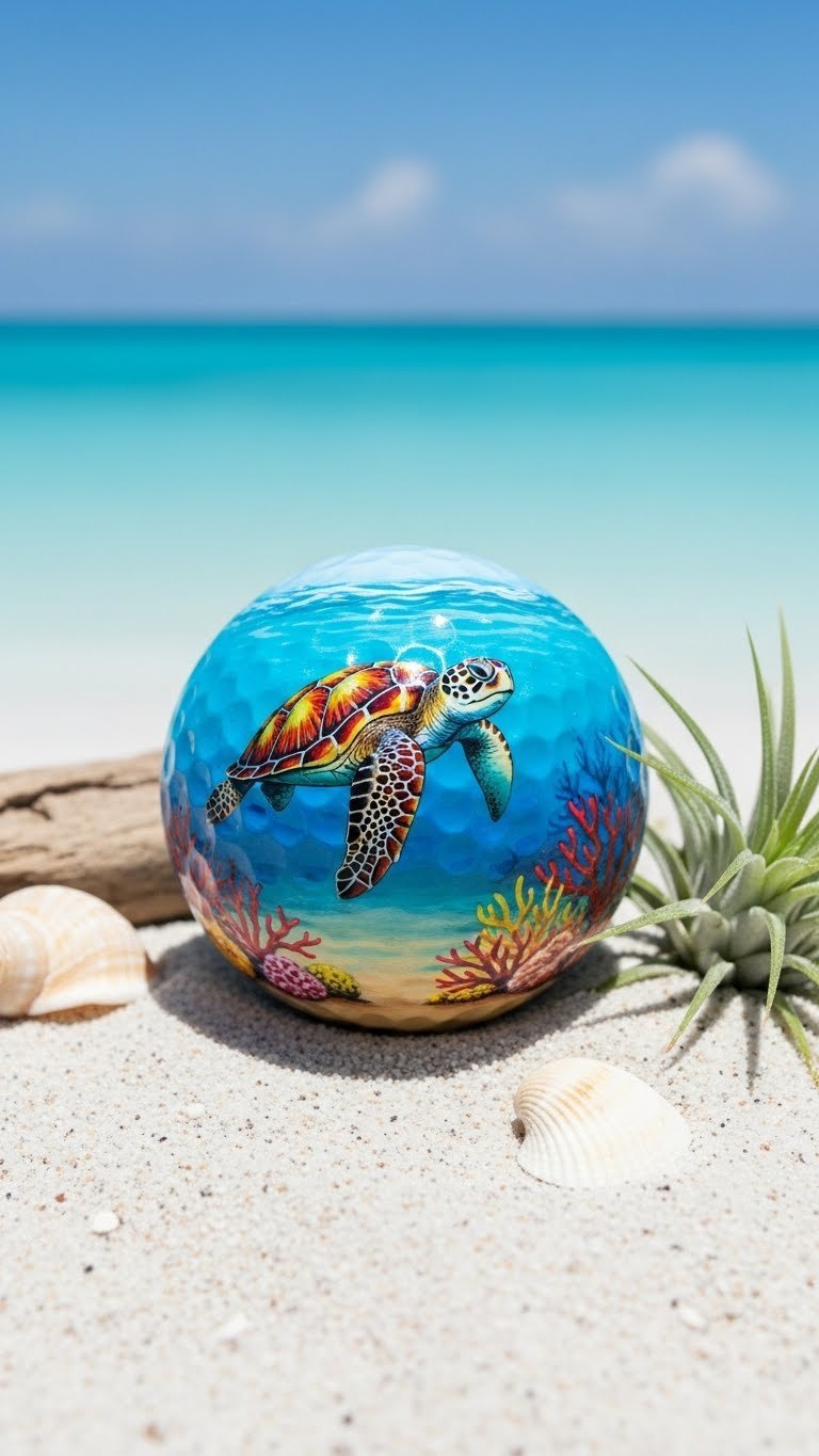 Golf Ball Painted With Tropical Beach Turtle Scene On White Sand With Seashells And Ocean Background.